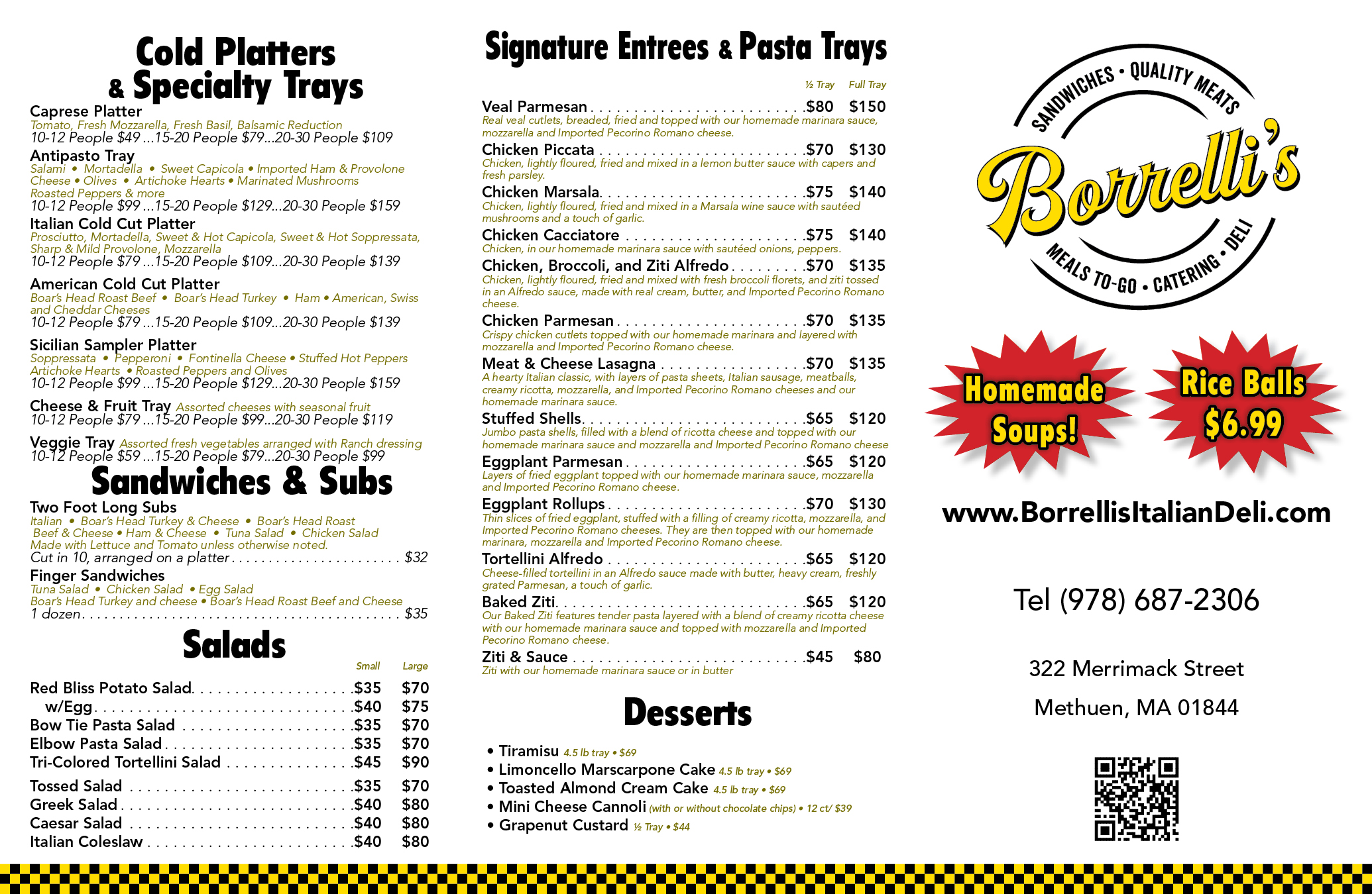 Borrelli’s Italian Deli catering menu with platters, pasta trays, salads, sandwiches, and desserts