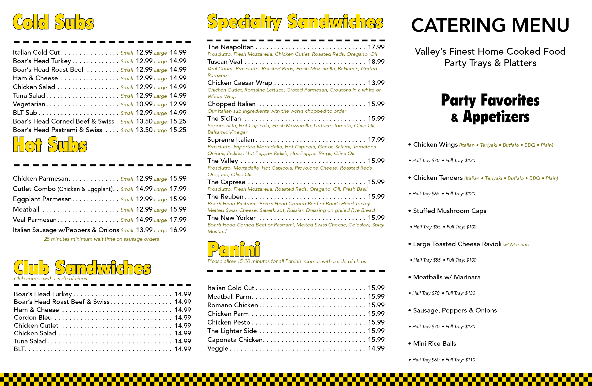 Borrelli’s Italian Deli catering menu with subs, specialty sandwiches, and party favorites